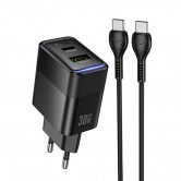 МЗП Hoco CS112A Lounge PD30W+QC3.0 (1USB-A/1C) + кабель Type-C to Type-C Black