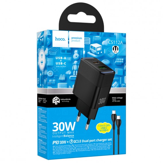 МЗП Hoco CS112A Lounge PD30W+QC3.0 (1USB-A/1C) + кабель Type-C to Type-C Black МЗП Hoco CS112A Lounge PD30W+QC3.0 (1USB-A/1C) + кабель Type-C to Type-C Black