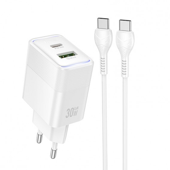 МЗП Hoco CS112A Lounge PD30W+QC3.0 (1USB-A/1C) + кабель Type-C to Type-C White