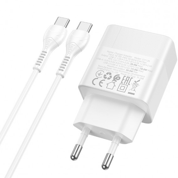 МЗП Hoco CS112A Lounge PD30W+QC3.0 (1USB-A/1C) + кабель Type-C to Type-C White МЗП Hoco CS112A Lounge PD30W+QC3.0 (1USB-A/1C) + кабель Type-C to Type-C White