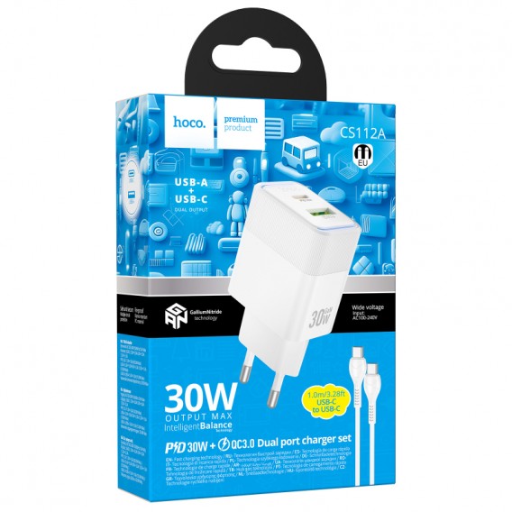 МЗП Hoco CS112A Lounge PD30W+QC3.0 (1USB-A/1C) + кабель Type-C to Type-C White МЗП Hoco CS112A Lounge PD30W+QC3.0 (1USB-A/1C) + кабель Type-C to Type-C White
