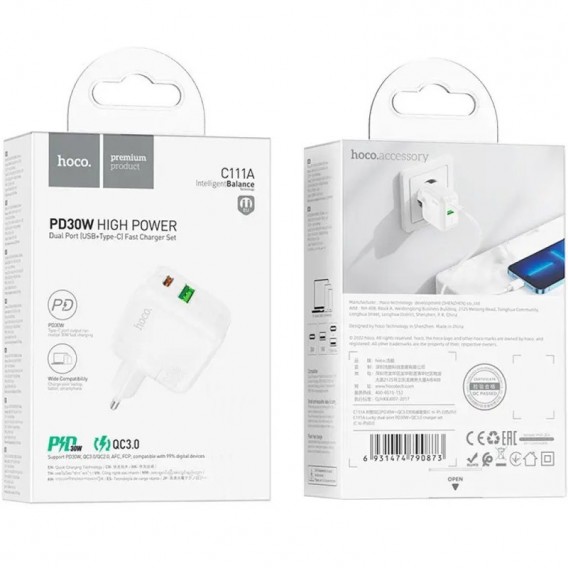 МЗП Hoco C111A PD30W+QC3.0 (1USB-A/1C) White МЗП Hoco C111A PD30W+QC3.0 (1USB-A/1C) White