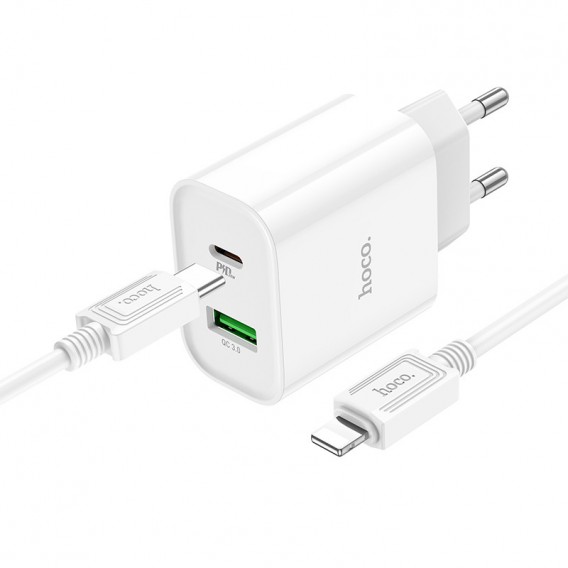 МЗП Hoco C80A Plus Rapido PD20W+QC3.0 (1USB-A/1C) + кабель Type-C to Lightning White МЗП Hoco C80A Plus Rapido PD20W+QC3.0 (1USB-A/1C) + кабель Type-C to Lightning White