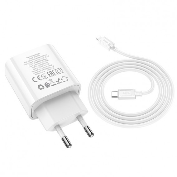 МЗП Hoco C80A Plus Rapido PD20W+QC3.0 (1USB-A/1C) + кабель Type-C to Lightning White МЗП Hoco C80A Plus Rapido PD20W+QC3.0 (1USB-A/1C) + кабель Type-C to Lightning White