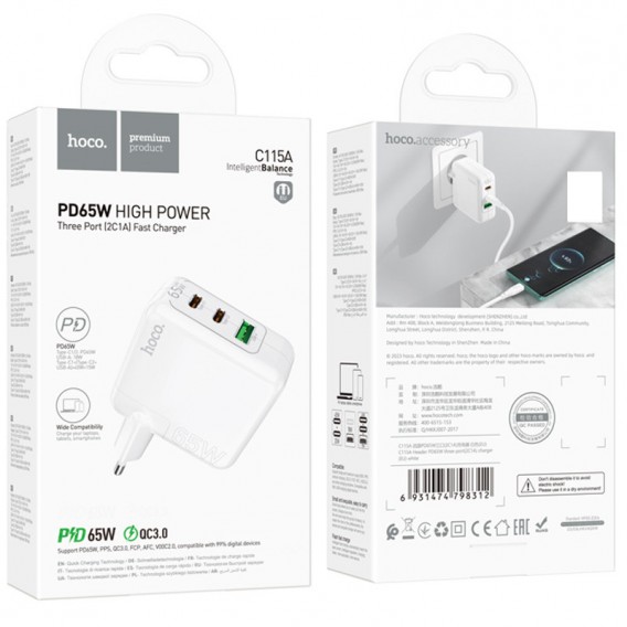 МЗП Hoco C115A Header PD65W+QC3.0 (1USB-A/2C) White МЗП Hoco C115A Header PD65W+QC3.0 (1USB-A/2C) White