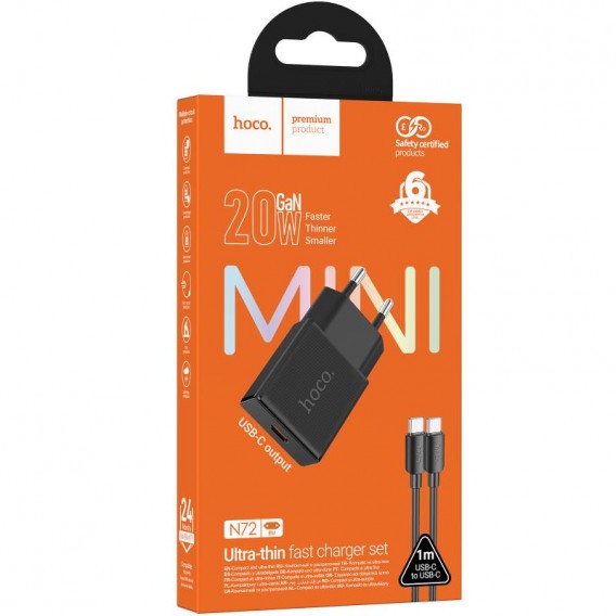 СЗУ Hoco N72 Speed ultra-thin PD20W (1USB-C) + кабель Type-C to Type-C Black СЗУ Hoco N72 Speed ultra-thin PD20W (1USB-C) + кабель Type-C to Type-C Black