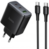 СЗУ Hoco C160A Upgrade PD65W+QC3.0 (1USB-A/2C) + кабель Type-C to Type-C Black