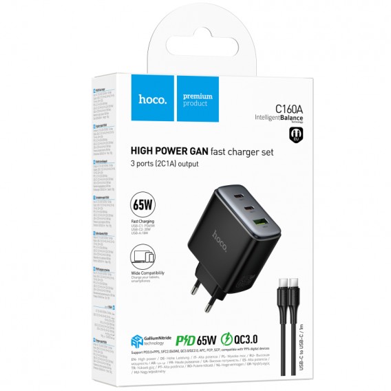 МЗП Hoco C160A Upgrade PD65W+QC3.0 (1USB-A/2C) + кабель Type-C to Type-C Black МЗП Hoco C160A Upgrade PD65W+QC3.0 (1USB-A/2C) + кабель Type-C to Type-C Black