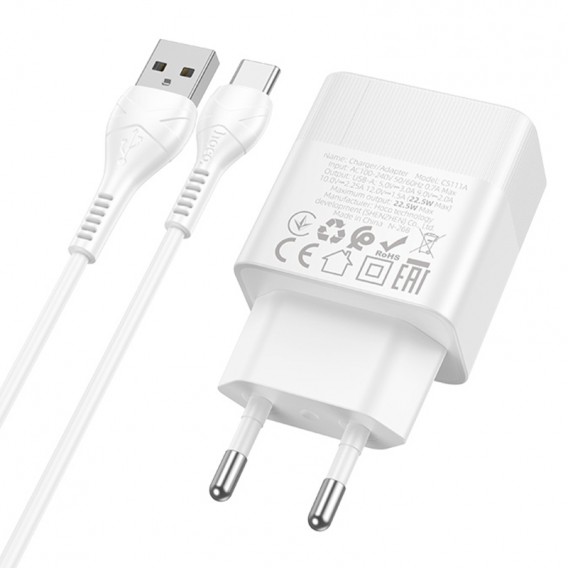 МЗП Hoco CS111A Lounge QC3.0 22.5W (1USB-A) + кабель USB to Type-C White МЗП Hoco CS111A Lounge QC3.0 22.5W (1USB-A) + кабель USB to Type-C White