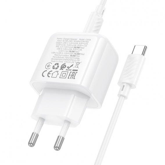 МЗП Hoco CS55A Surplus PD30W+QC3.0 (1USB-A/1C) + кабель Type-C to Type-C White МЗП Hoco CS55A Surplus PD30W+QC3.0 (1USB-A/1C) + кабель Type-C to Type-C White