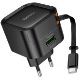 СЗУ Hoco C154A Changer PD20W+QC3.0 (1USB-A/1C) + Retractable Cable Type-C Black