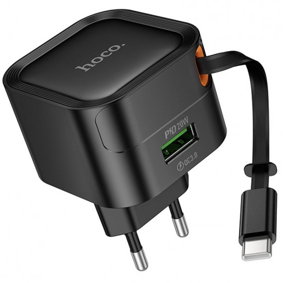 МЗП Hoco C154A Changer PD20W+QC3.0 (1USB-A/1C) + Retractable Cable Type-C Black