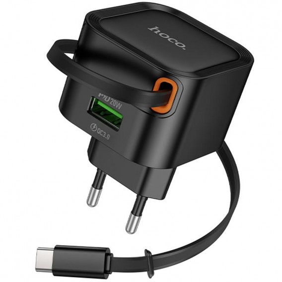 МЗП Hoco C154A Changer PD20W+QC3.0 (1USB-A/1C) + Retractable Cable Type-C Black