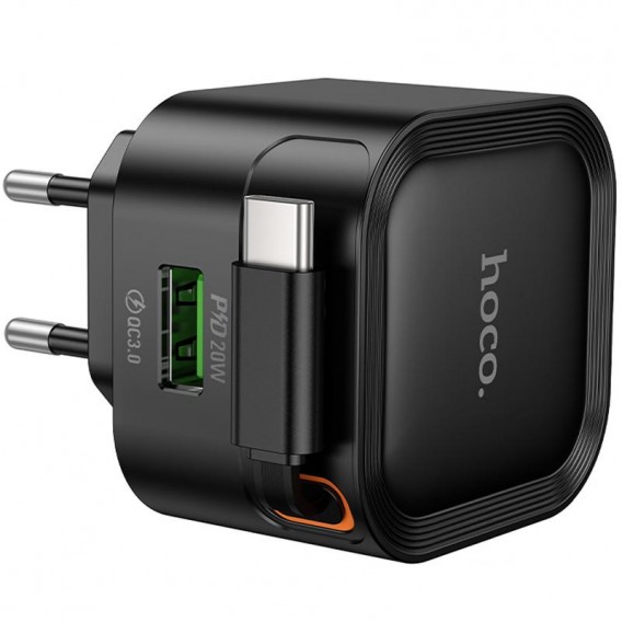МЗП Hoco C154A Changer PD20W+QC3.0 (1USB-A/1C) + Retractable Cable Type-C Black