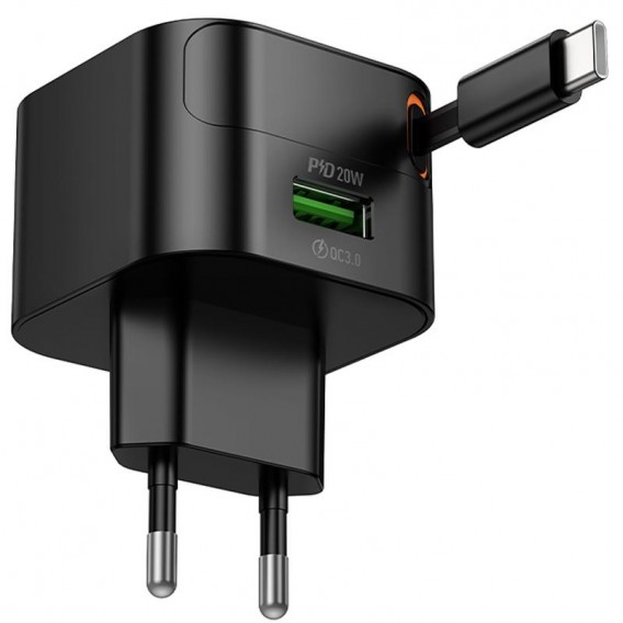 МЗП Hoco C154A Changer PD20W+QC3.0 (1USB-A/1C) + Retractable Cable Type-C Black