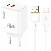 Сетевое зарядное устройство Amaya ACW-E77D+C63, PD 20 Вт, USB-C + USB-A, с кабелем USB-A - USB-C, белое