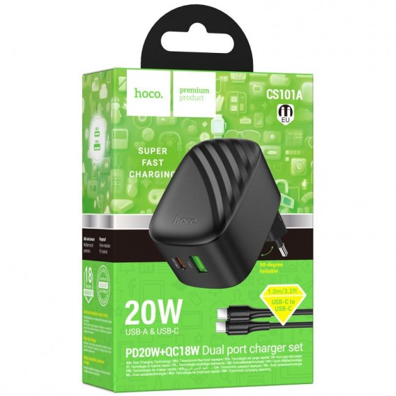 МЗП Hoco CS101A Folding PD20W+QC3.0 (1USB-A/1C) + кабель Type-C to Type-C Black МЗП Hoco CS101A Folding PD20W+QC3.0 (1USB-A/1C) + кабель Type-C to Type-C Black