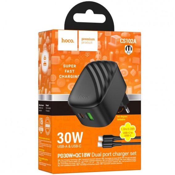 МЗП Hoco CS102A Folding PD30W+QC3.0 (1USB-A/1C) + кабель Type-C to Type-C Black