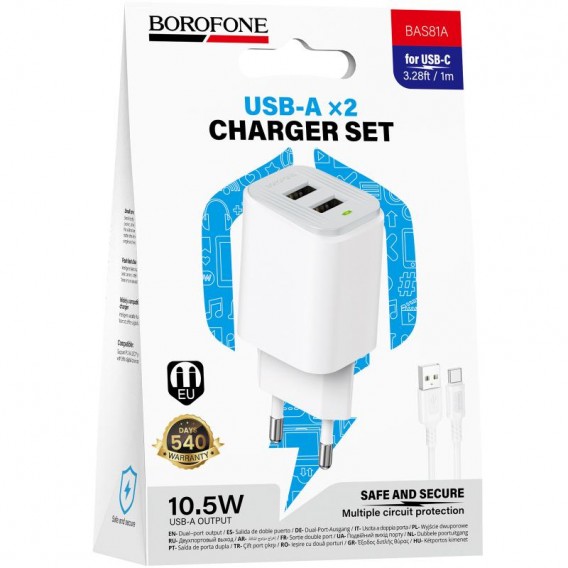 МЗП Borofone BAS81A Star 10.5W (2USB-A) + кабель USB to Type-C White МЗП Borofone BAS81A Star 10.5W (2USB-A) + кабель USB to Type-C White