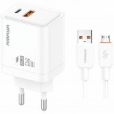 МЗП Amaya E77D PD20W+QC3.0 (1USB-A/1C) + кабель USB to MicroUSB White МЗП Amaya E77D PD20W+QC3.0 (1USB-A/1C) + кабель USB to MicroUSB White
