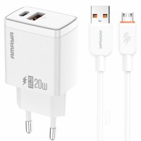 СЗУ Amaya E67D PD20W+QC3.0 (1USB-A/1C) + кабель USB to MicroUSB White СЗУ Amaya E67D PD20W+QC3.0 (1USB-A/1C) + кабель USB to MicroUSB White