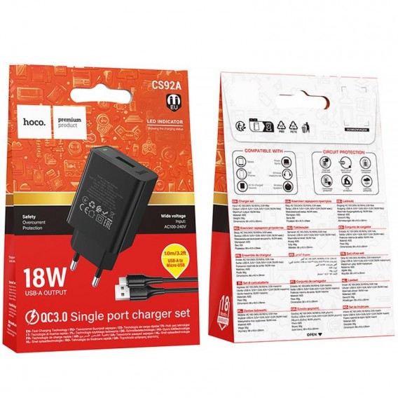МЗП Hoco CS92A Leader QC3.0 18W (1USB-A) + кабель USB to MicroUSB Black МЗП Hoco CS92A Leader QC3.0 18W (1USB-A) + кабель USB to MicroUSB Black