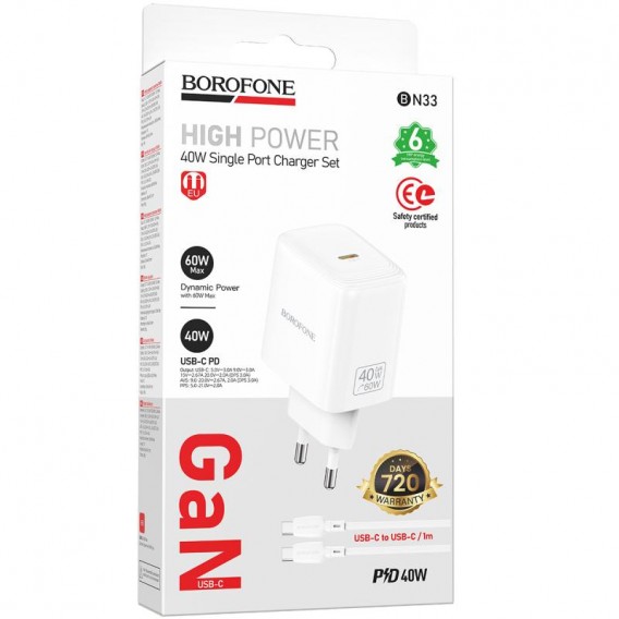 МЗП Borofone BN33 Fuente PD40W (1USB-C) + кабель Type-C to Type-C White МЗП Borofone BN33 Fuente PD40W (1USB-C) + кабель Type-C to Type-C White