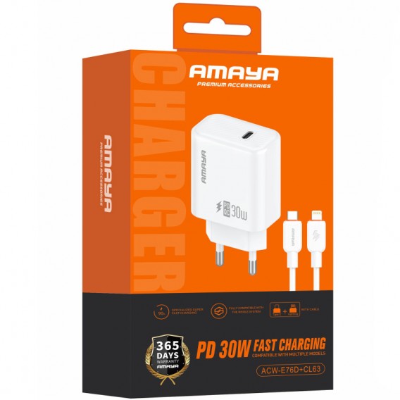 МЗП Amaya E76D PD30W (1USB-C) + кабель Type-C to Lightning White МЗП Amaya E76D PD30W (1USB-C) + кабель Type-C to Lightning White