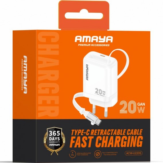 МЗП Amaya E220S PD20W GaN (1USB-C) + Retractable Cable Type-C White МЗП Amaya E220S PD20W GaN (1USB-C) + Retractable Cable Type-C White
