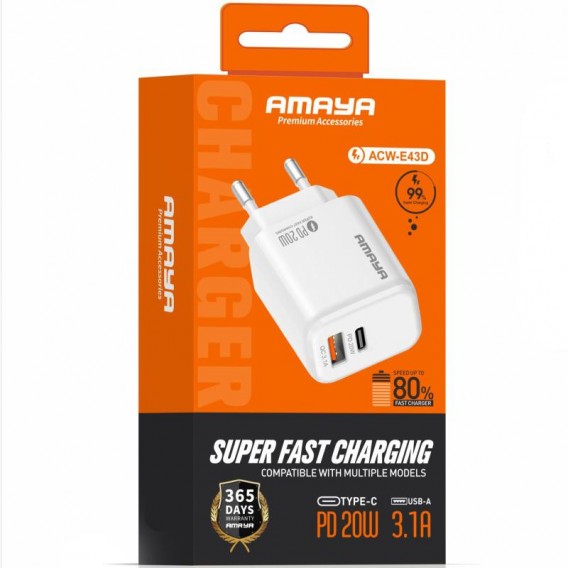 МЗП Amaya E43D PD20W (1USB-A/1C) White МЗП Amaya E43D PD20W (1USB-A/1C) White