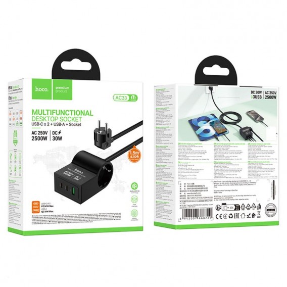 МЗП Hoco AC33 Win 1 position 30W QC+PD (1USB-A/2C/1Socket) (1.5m) Black МЗП Hoco AC33 Win 1 position 30W QC+PD (1USB-A/2C/1Socket) (1.5m) Black