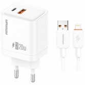 СЗУ Amaya E77D PD20W+QC3.0 (1USB-A/1C) + кабель USB to Lightning White