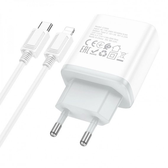 МЗП Hoco C104A PD20W (1USB-C) + кабель Type-C to Lightning White