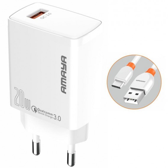 МЗП Amaya E57S QC3.0 20W (1USB-A) + кабель USB to Type-C White