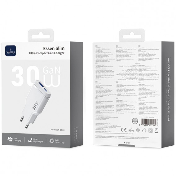 МЗП WIWU G033 Essen PD30W+QC3.0 GaN (1USB-A/1C) White МЗП WIWU G033 Essen PD30W+QC3.0 GaN (1USB-A/1C) White