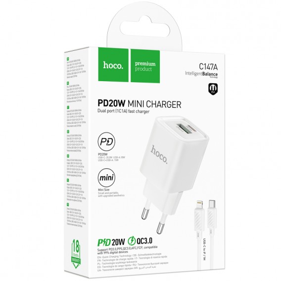 МЗП Hoco C147A PD20W+QC3.0 (1USB-A/1C) + кабель Type-C to Lightning White МЗП Hoco C147A PD20W+QC3.0 (1USB-A/1C) + кабель Type-C to Lightning White