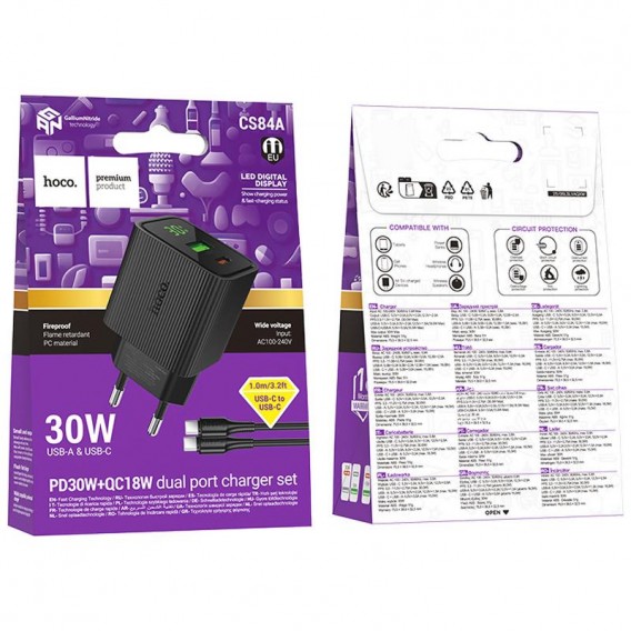 МЗП Hoco CS84A Excellent with digital display PD30W+QC3.0 (1USB-A/1C) + кабель Type-C to Type-C Black МЗП Hoco CS84A Excellent with digital display PD30W+QC3.0 (1USB-A/1C) + кабель Type-C to Type-C Black