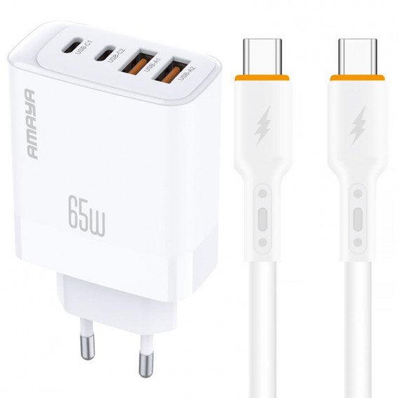 МЗП Amaya E101F PD65W+QC3.0 GaN (2USB-A/2C) + кабель Type-C to Type-C White