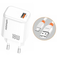 СЗУ Amaya E56 QC3.0 18W (1USB-A) + кабель USB to MicroUSB White СЗУ Amaya E56 QC3.0 18W (1USB-A) + кабель USB to MicroUSB White