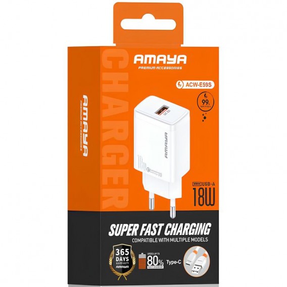 МЗП Amaya E59S QC3.0 18W (1USB-A) + кабель USB to Type-C White МЗП Amaya E59S QC3.0 18W (1USB-A) + кабель USB to Type-C White