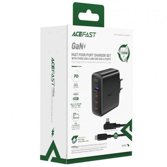 МЗП Acefast A37 PD100W+QC3.0 GaN (1USB-A/3C) + кабель Type-C to Type-C 2m Black МЗП Acefast A37 PD100W+QC3.0 GaN (1USB-A/3C) + кабель Type-C to Type-C 2m Black