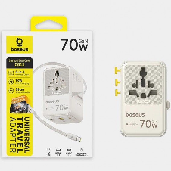 Мережевий універсальний перехідник Baseus CG11 70W with retractable cable (2USB-A/3C/1Socket) (E0307E) Off-White Мережевий універсальний перехідник Baseus CG11 70W with retractable cable (2USB-A/3C/1Socket) (E0307E) Off-White