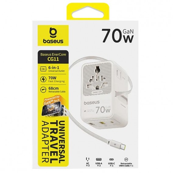 Мережевий універсальний перехідник Baseus CG11 70W with retractable cable (2USB-A/3C/1Socket) (E0307E) Off-White Мережевий універсальний перехідник Baseus CG11 70W with retractable cable (2USB-A/3C/1Socket) (E0307E) Off-White
