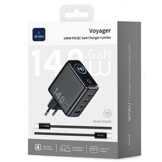 МЗП WIWU CHG200 Voyager PD140W+QC3.0 (1USB-A/3C) + кабель Type-C to Type-C Grey МЗП WIWU CHG200 Voyager PD140W+QC3.0 (1USB-A/3C) + кабель Type-C to Type-C Grey