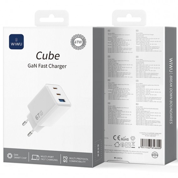 МЗП WIWU G026 Cube PD67W+QC3.0 GaN (1USB-A/2C) White МЗП WIWU G026 Cube PD67W+QC3.0 GaN (1USB-A/2C) White
