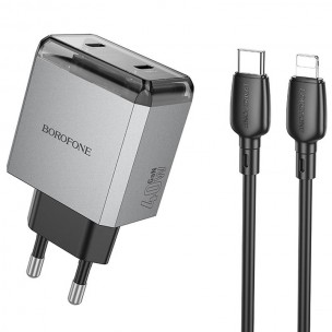 МЗП Borofone BN21 Lena PD40W+QC3.0 (2USB-C) + кабель Type-C to Lightning Metal gray МЗП Borofone BN21 Lena PD40W+QC3.0 (2USB-C) + кабель Type-C to Lightning Metal gray