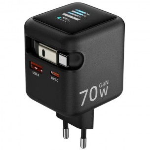 СЗУ Amaya E700D PD70W+QC3.0 GaN (1USB-A/1C) + Retractable Cable Type-C Black СЗУ Amaya E700D PD70W+QC3.0 GaN (1USB-A/1C) + Retractable Cable Type-C Black