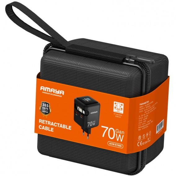 МЗП Amaya E700D PD70W+QC3.0 GaN (1USB-A/1C) + Retractable Cable Type-C Black МЗП Amaya E700D PD70W+QC3.0 GaN (1USB-A/1C) + Retractable Cable Type-C Black