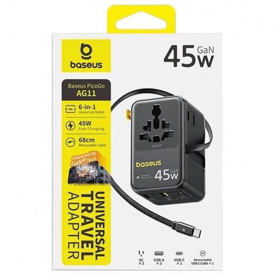 Мережевий універсальний перехідник Baseus AG11 45W with retractable cable (2USB-A/1C/1Socket) (E0307F) Cosmic Black Мережевий універсальний перехідник Baseus AG11 45W with retractable cable (2USB-A/1C/1Socket) (E0307F) Cosmic Black