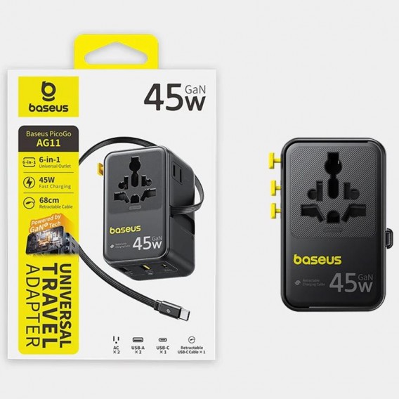 Мережевий універсальний перехідник Baseus AG11 45W with retractable cable (2USB-A/1C/1Socket) (E0307F) Cosmic Black Мережевий універсальний перехідник Baseus AG11 45W with retractable cable (2USB-A/1C/1Socket) (E0307F) Cosmic Black